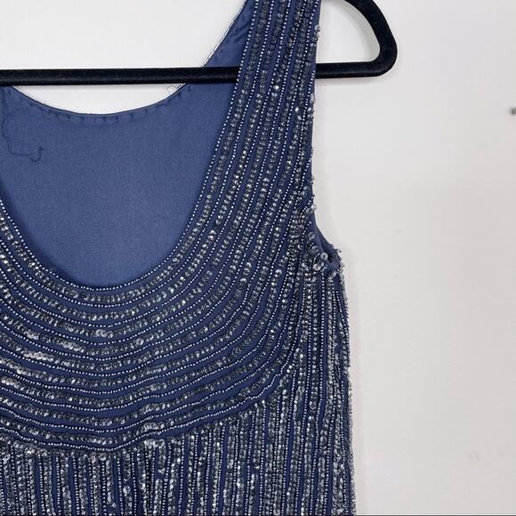 Cache 0 Sequin Silk Drop Waist Scoop Back Dress Navy Blue Cocktail Black Tie - Picture 9 of 11
